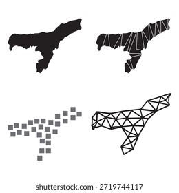 Conjunto de Vector de mapa de Assam estilizado en estilos geométricos de bajo poli y pixelados aislados en blanco