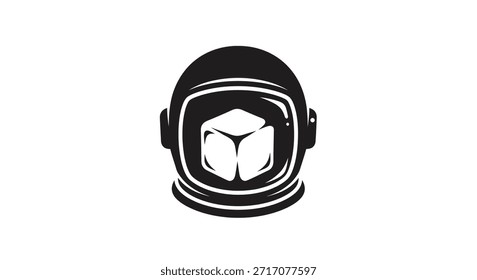 A stylized astronaut helmet with a cube reflected in the visor, symbolizing space exploration, technology, and modern design elements.