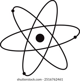 um átomo estilizado com um núcleo central e três órbitas elípticas, cada uma contendo uma pequena esfera representando elétrons. É ideal para temas relacionados a ciência, química e física.