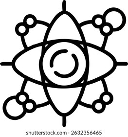 A stylized atom icon featuring orbiting elements around a central nucleus, depicted in a clean black outline against a white backdrop design icon.