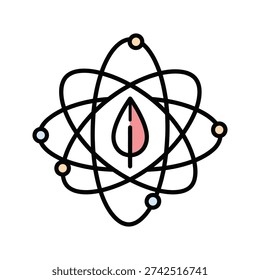 A stylized atom symbol with a leaf in the center