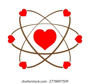 A stylized atomic structure where small red hearts revolve around a larger central red heart, symbolizing love and connection