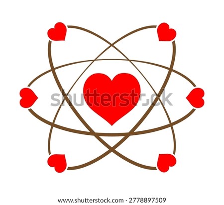 A stylized atomic structure where small red hearts revolve around a larger central red heart, symbolizing love and connection