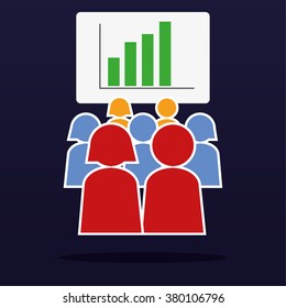 Stylized audience of mixed people seated in front of a projector screen as part of a business presentation or lecture