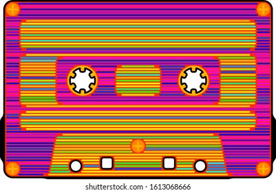 Stylized audio cassette consisting of many bright elements on white background. Vector design. Vector graphics. Design of audio cassette. Design stickers. Design of labels.