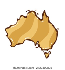 Stylized Australia map shape with smooth contours and abstract form, geographic outline element for travel themes, destination concept, modern graphic, cartoon vector illustration.