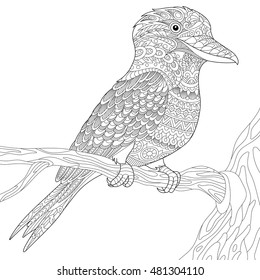 Stylized australian kookaburra bird, isolated on white background. Freehand sketch for adult anti stress coloring book page with doodle and zentangle elements.