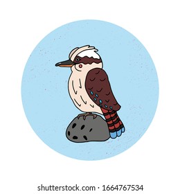 Stylized Australian kookaburra bird sitting on a grey stone. Hand drawn and then digitized. Vector image 