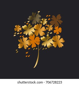 stylized autumn floral tree vector illustration. fall hot color natural decorative design with gold elements. abstract season vector on black background for invitation, header, cover, poster.