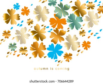 stylized autumn floral vector pattern illustration. fall hot color natural decorative design with gold elements. abstract season vector on white background for invitation, header, cover, poster.
