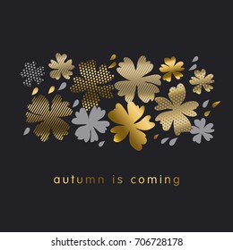 stylized autumn floral vector pattern illustration. fall hot color natural decorative design with gold elements. abstract season vector on black background for invitation, header, cover, poster.