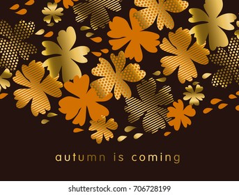 stylized autumn floral vector pattern illustration. fall hot color natural decorative design with gold elements. abstract season vector on black background for invitation, header, cover, poster.