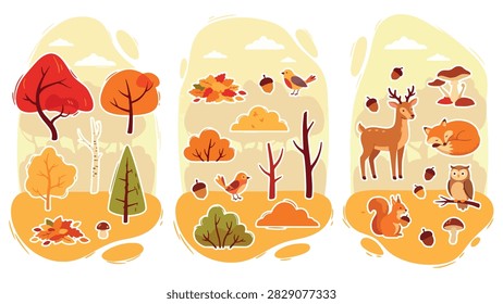 Stylized autumn forest triptych with woodland animals and seasonal foliage