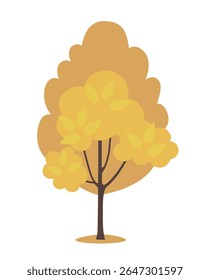 Stylized autumn tree with bright yellow leaves and brown trunk, flat graphic style on white background. Concept of fall season nature and forest. Vector illustration