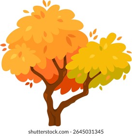 Stylized autumn tree displaying vibrant orange and yellow foliage, gracefully shedding its leaves, capturing the essence of the fall season and the stunning beauty of nature