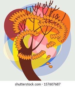 Stylized autumn tree on a bright abstract background