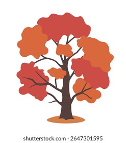Stylized autumn tree with red and orange leaves, minimalistic flat art style, isolated on white background. Concept of fall season and nature. Vector illustration