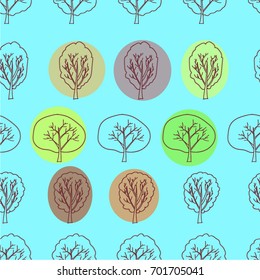 Stylized autumn trees on a blue background, autumn forest, a park with different trees painted in a naive style. Freehand drawing vector  with doodles. modern seamless pattern.
