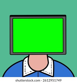 Stylized avatars with green screens instead of heads, representing future humans in a digitalized world.