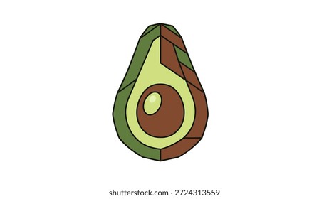 Stylized avocado illustration with geometric segments and a distinct pit. Clean, modern graphic representing healthy eating and fresh produce.