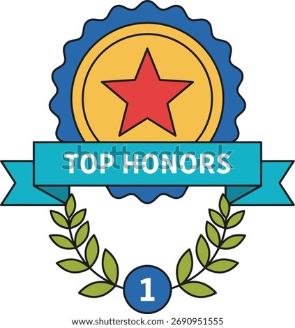 A stylized award ribbon featuring a red star, laurel leaves, and a '1' insignia, signifying excellence and top honors for a first-place winner.
