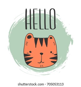 stylized baby tiger hand drawn illustration with hello quote vector for print design. cute tiger for kids cards print textile and other.