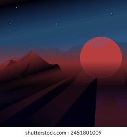 Fondo estilizado polvoriento otro planeta amanecer en terreno montañoso. Ilustración vectorial de un atardecer extraterrestre o amanecer con rayos del sol rojo. Si te acercas a la cima de una de las montañas