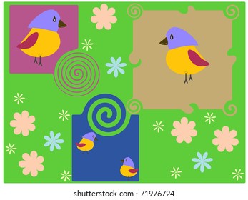 Stylized background with flower patterns geometrical figures and birds