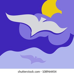 Stylized background with flying seagull, vector illustration