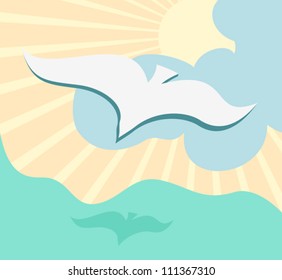 Stylized background with flying seagull, vector illustration