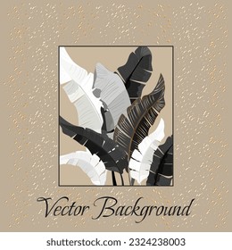 Stylized background with leaves.Vector illustration with framed leaves and golden spray.
