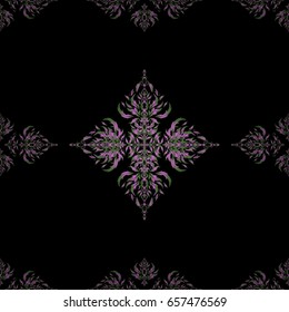 Stylized background with rhombus and nodes. Vector green and violet texture. Geometric seamless pattern on a black background. Abstract geometric pattern.