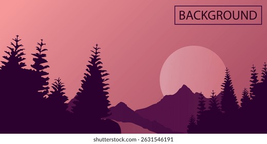 a stylized background with a sunset or sunrise on a pink sky. The silhouette of trees (fir trees) is visible in the foreground, and the outlines of mountains are in the background.