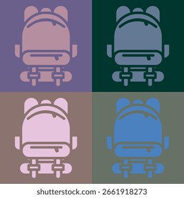 Stylized backpack icons in four colored quadrants — playful square composition for student, travel, or gear-themed visuals.