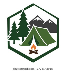 Stylized badge design featuring a green tent and campfire amidst evergreen trees and snowcapped mountains icon