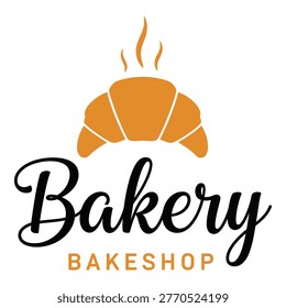 Stylized bakery logo featuring a warm croissant with steam above the word bakery and bakeshop icon