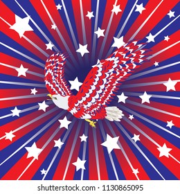 Stylized bald eagle of blue, red and white color.