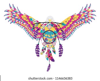 Stylized bald eagle with decorative dream catcher illustration.