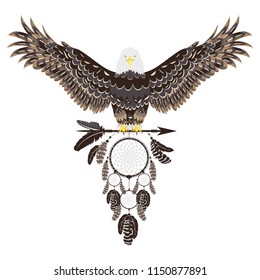 Stylized bald eagle with decorative dream catcher illustration.