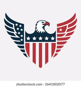 A stylized bald eagle emblem, its wings incorporating the American flag's colors and stars.  Perfect for patriotic designs, logos, or apparel.