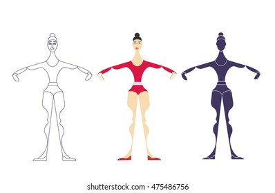 stylized ballet dancer character.second position classical pose,geometric elements