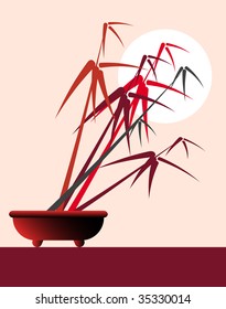 Stylized bamboo bonsai against a white moon.