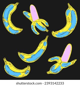 Stylized bananas, texture, crayon, cartoon style, doodle. Exotic tropical fruit. Vector collection.