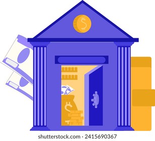 Stylized bank building with large dollar symbol and money illustration. Financial institution concept with currency and coins. Banking and finance vector illustration.