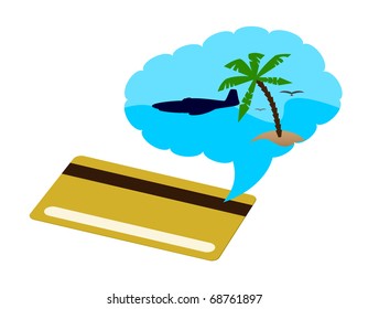 The stylized bank card with a silhouette of the plane, the sea, a palm tree and birds