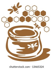 Stylized bank with honey and bees isolated on a white background.