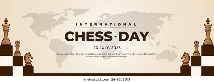 Stylized banner featuring chess pieces and a world map background, symbolizing unity and intellectual competition for International Chess Day on July 20.