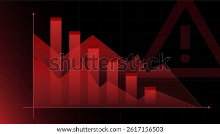 Stylized bar and line chart fades into black grid background with warning symbol, visualizing economic risk and urgent financial alerts. Concept of economic crisis. Vector illustration