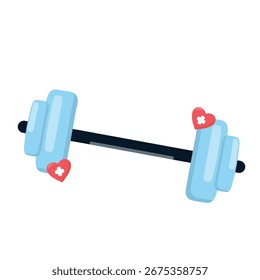 Stylized barbell with light blue weights and red heart icons featuring white medical crosses. Flat vector illustration symbolizing fitness, strength, and health. Ideal for gym or exercise themes.