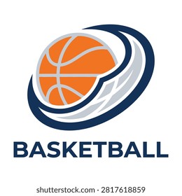 A stylized basketball logo with an orange ball and swoosh design on a white background, symbolizing sports and recreation